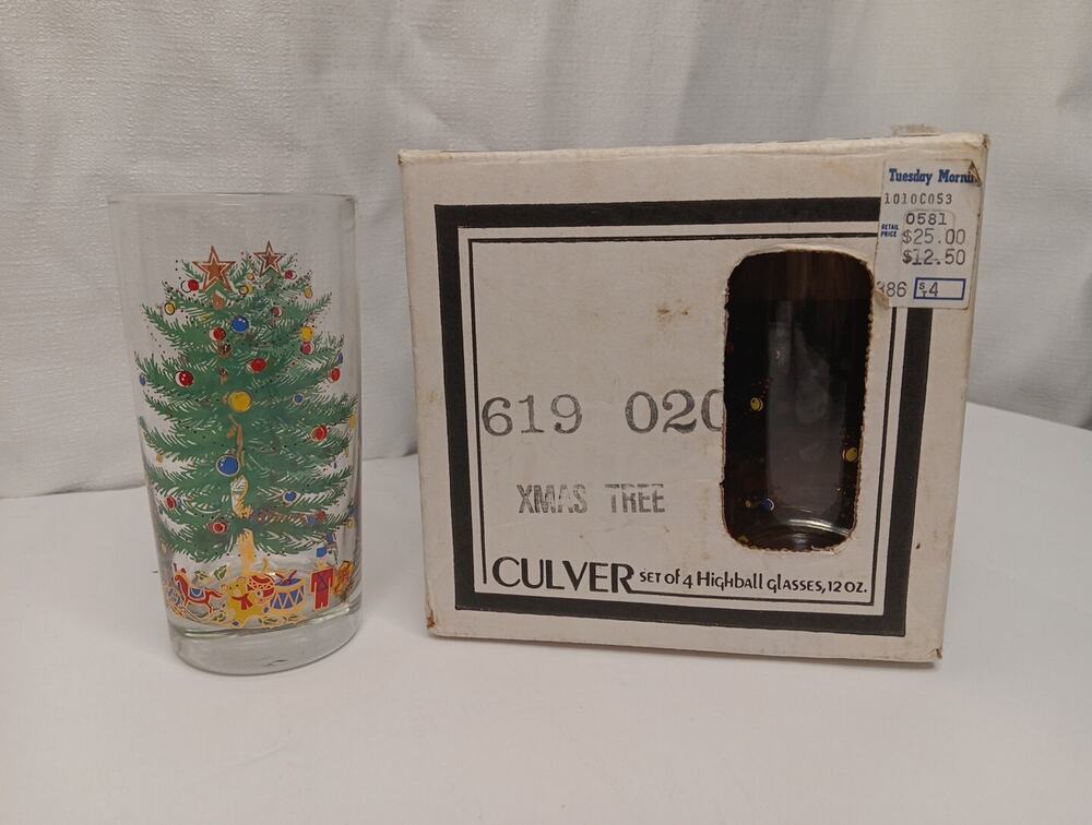 Vintage Culver Set Of 4 Highball Glasses 12 Oz. Christmas Trees USA Made 22K